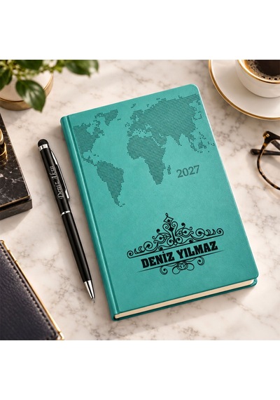 Bk Gift Kişiye Özel 378 Termo Deri Tarihli Ajanda & Siyah Touch Pen Tükenmez Kalem-13 Turkuaz