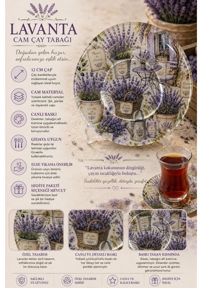 6 Lı Cam Çay Tabağı - Lavanta Bahçesi Desenli 12 Cm - 6 Adet Çay Tabak Mavi