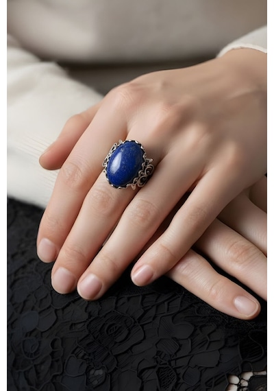 El İşçiliği Özel Tasarım Lapis Lazuli Taşlı Kadın Yüzük 12 Gümüş