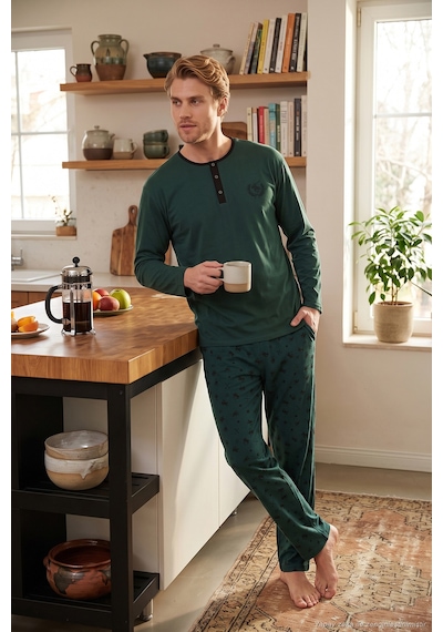 Buratti Desenli Pamuklu Düğmeli Bisiklet Yaka Pijama Takımı Erkek Pijama Takımı 6575002 Yeşil