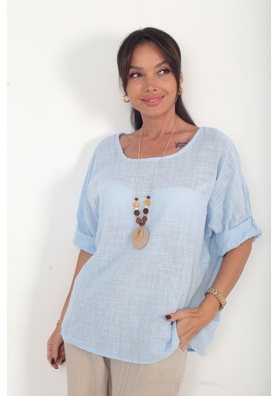 By Saygı Kadın İtalyan Coton Oversize Bluz Bebe Mavi
