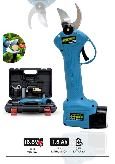 Reschmann R-M9907 Profesyonel 30MM Şarjlı Dal Budama Makası - Çift Bataryalı Yedek Bıçaklı Akülü Bağ Makası