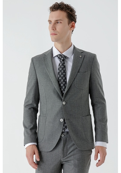 Morven Erkek Gri Poliviskon Trend Desenli Slim Fit Mono Yaka Takım Elbise Gri