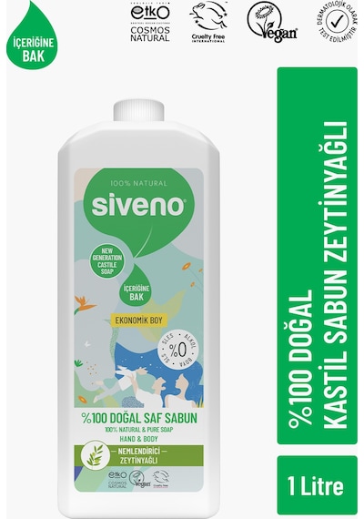 Siveno %100 Doğal Sıvı Kastil Sabun Zeytinyağlı Yoğun Nemlendirici Bitkisel Vegan 1 L