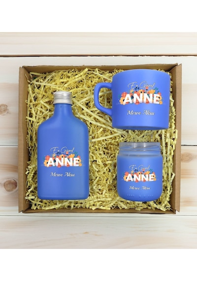 Bk Gift Kişiye Özel İsimli Dtf Anne Temalı Mavi Kahve Fincanı & Kolonya & Mum Hediye Seti-2, Anneye Hediye, Anneler Günü Hediyesi Kobitmeyencom30964 B