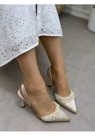 Ervanın Butiği Bej Saten Cecily İnci Detay Kadın Stiletto-6233