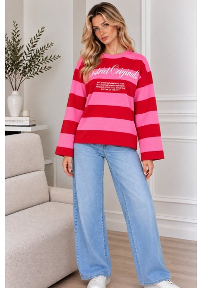 Lima Fuşya Kadın Çizgili Oversize Sweatshirt Bisiklet Yaka Baskılı Uzun Kollu Sweat