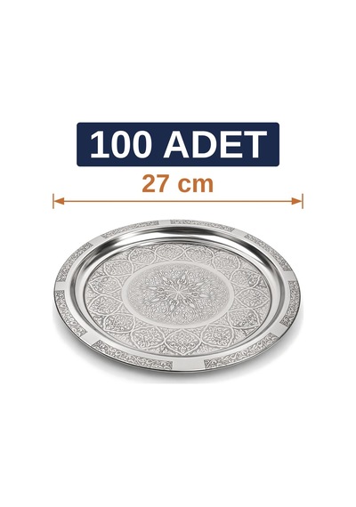 Binbir Trend 27 Cm Otantik Desenli Krom Çelik Kebap, Izgara, Meze Ve Servis Tabağı 100 Adet
