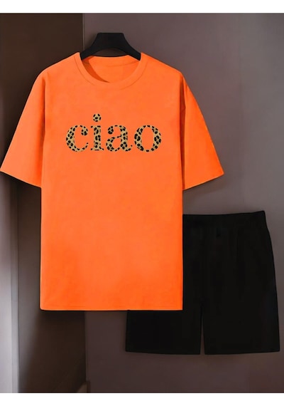 Uyguntarz Unisex Ciao Baskılı Tasarım Şort Takım Turuncu