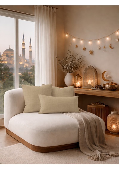 Br Perle Bej Keten Dokulu Dekoratif Kırlent Kılıfı Modern Salon Koltuk Yastığı