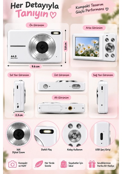 4k Figürlü Çantalı Dijital Video Kamera 44mp 16x Zoom Işıklı Kart Dijital Fotoğraf Makinesi 64gb Hafıza Kart Hediyeli Beyaz