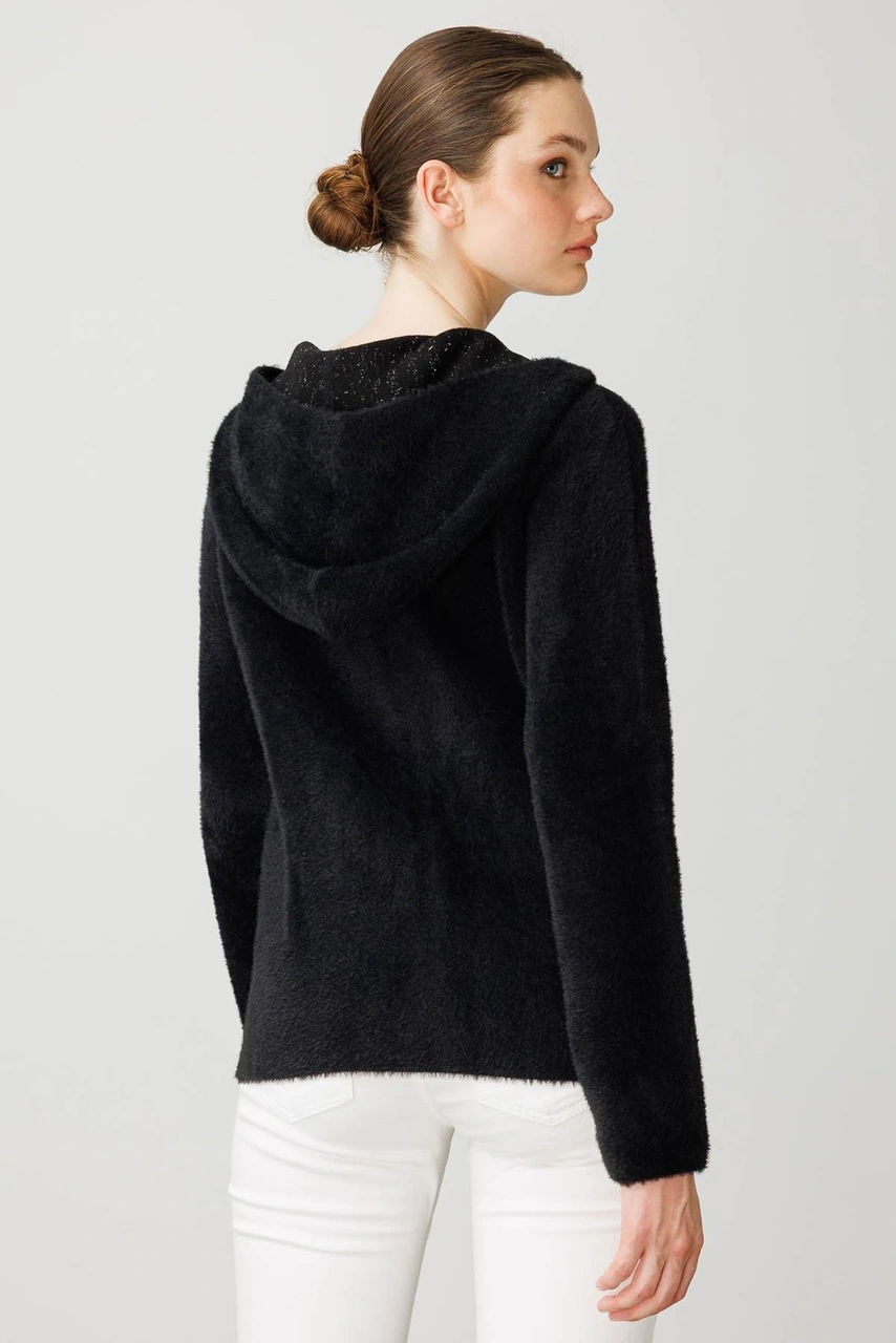 Kadın Kapüşonlu Fermuarlı Kısa Triko Sweatshirt Siyah Siyah
