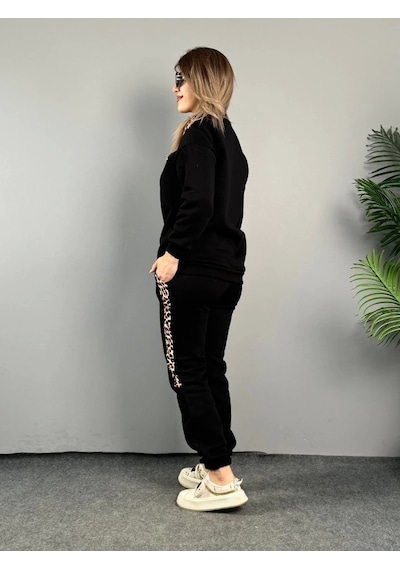 Defymoda Kadın Üç Iplik Kumaş Leopar Desenli Dantel Detaylı Ikili Takım Siyah