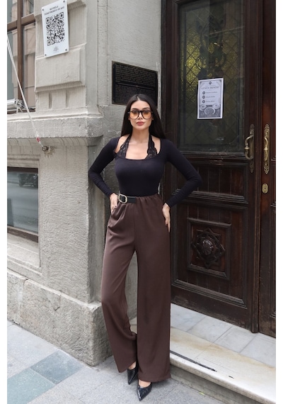 Kechi Woman Linda Twill Kumaş Kemer Detay Pantolon Kahverengi