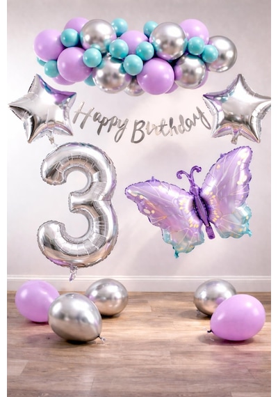 Lila Kelebek Temalı 3 Yaş Doğum Günü Balon Süsleme Seti Lila Gümüş Parti Dekorasyon Seti Gümüş - Mor