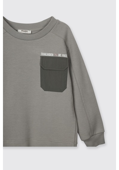 Panço Erkek Çocuk Yuvarlak Yaka Cepli Baskılı Parça Detaylı Antrasit Sweatshirt Gri