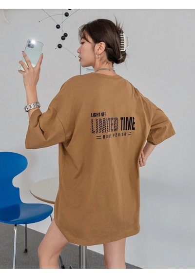 Flood Of Style Kadın Camel Oversize Limited Time Baskılı Tshirt Kahverengi