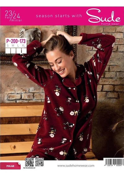 Sude Kadın Gömlek Önden Düğmeli Polar Desenli Pijama Takımı P200/173 - 1 Adet 001