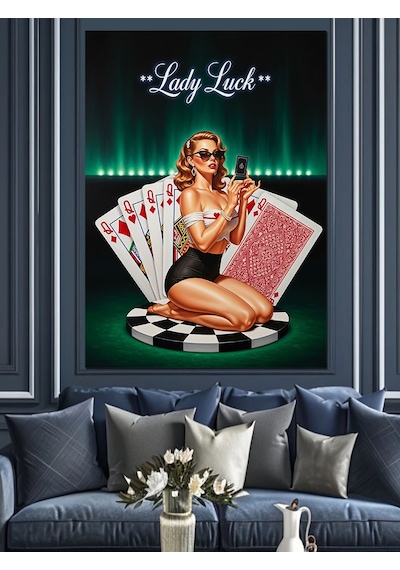 Poker Oynayan Hanımefendi Şansı Dekoratif Kanvas - Mdf Ahşap Tablo