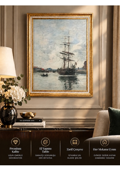 Gold Vintage Gemi Tablosu 60x80 Cm Çerçeveli Dekoratif Duvar Tablosu Klasik Deniz Manzarası Fine Art Salon Ofis Dekorasyonu