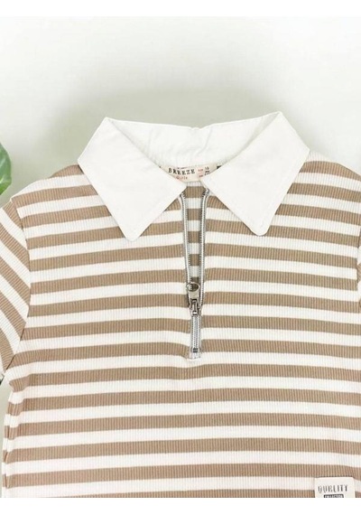 Zekids Kız Çocuk Polo Yaka Çizgili T-shirt-14393 Vizon