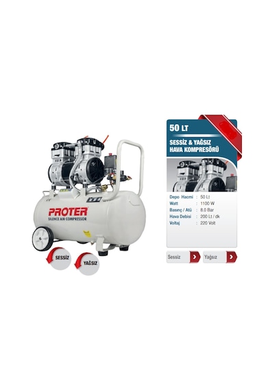 Proter 8 Bar 50 LT Yağsız Sessiz Hava Kompresörü