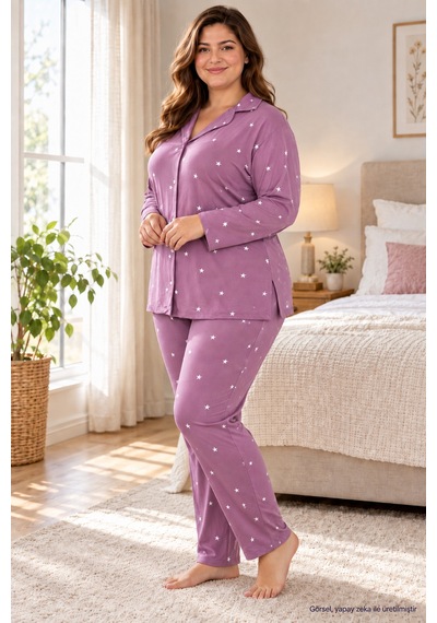 Seboteks Milan Kumaş Önden Düğmeli Uzun Kollu Büyük Beden Kadın Pijama Takımı 3499 Lila