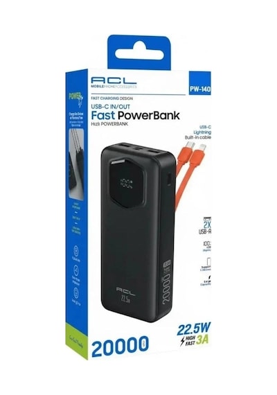 Pw-140 20.000 Mah Powerbank 22.5w Hızlı Şarj 3a Dahili Type-c Lightning Kablolu Dijital Göstergeli 2 Usb Çok Renkli