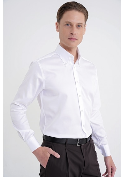 Slim Fit Düğmeli Yüksek Yaka %100 Pamuk Saten Düz Beyaz Gömlek Gk 760