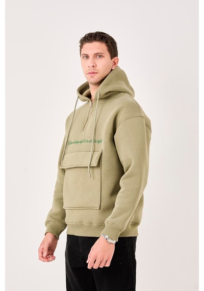 X-4005 Kapüşonlu Yarım Fermuarlı Sweat YESIL