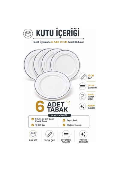 6'lı Set I Gümüş Çift Çizgili 19 Cm Plastik Tabak Porselen Görünümlü Davet Ve Misafir Sofraları