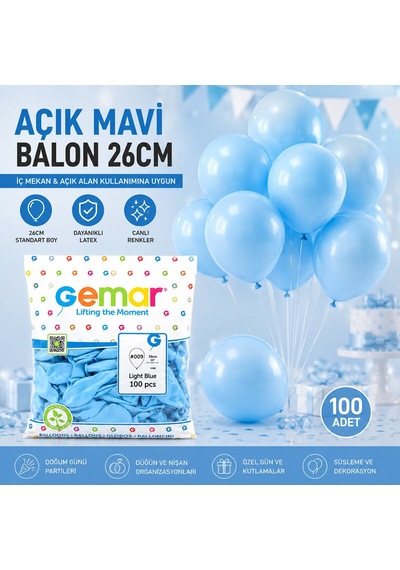 Gemar Gm-90-09 Balon 26cm 10'' 100 Adet İç Mekan Açık Mavi Standart