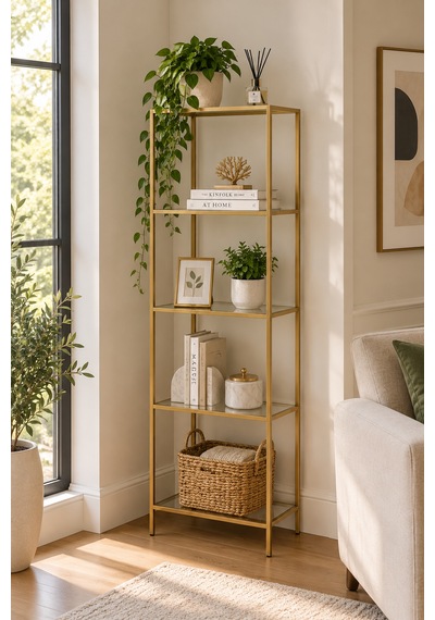Teknor Gold Çerçeveli Şeffaf Cam Modern Salon Kitaplığı 40 Cm