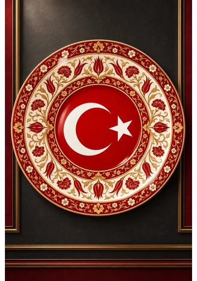 Dekoratif Duvar Tabağı Al Bayrak Zarafeti Dekorlu Seramik Tabak Lacivert