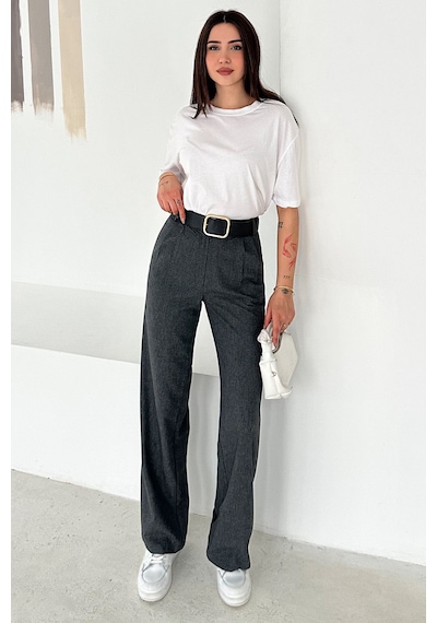 Pileli Yüksek Bel Kemerli Kumaş Pantolon Elegant Gri
