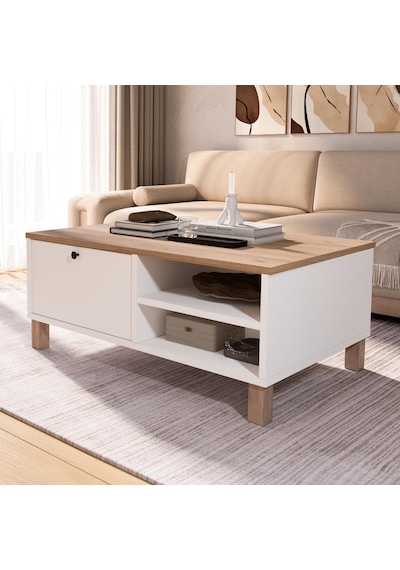 Robin Home Alaska Orta Sehpa Ahşap Ayaklı Kapaklı Sepet-beyaz Beyaz