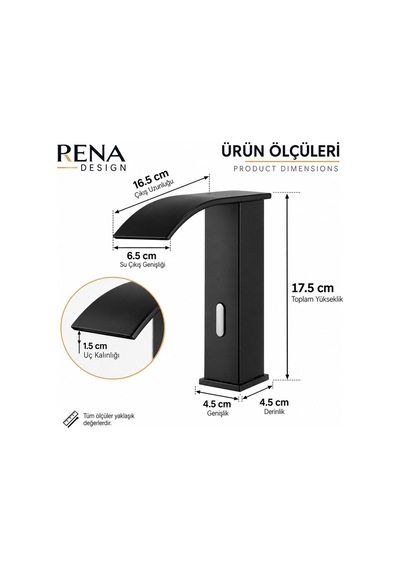 Rena Design Fotoselli Sensörlü Siyah Kare Lavabo Bataryasi Temassiz Otomatik Tasarruflu Modern Musluk