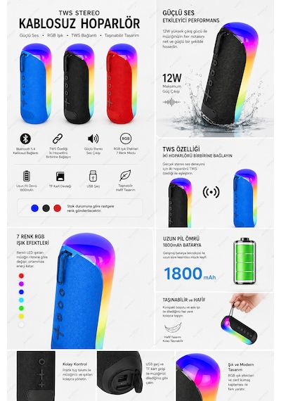 Blc Tws Stereo Kablosuz Bluetooth Hoparlör Rgb Işıklı 12w Güçlü Ses 1800mah Taşınabilir Tf Kart Destekli Usb Şarjlı