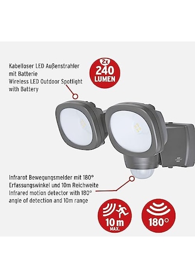 Led Spot Lamba Lufos Kablosuz Led Dış Mekan Spotu Pilli Ve Hareket Sensörlü 8 Adet Led Lamba 2 X 240 Lümen Dış Me