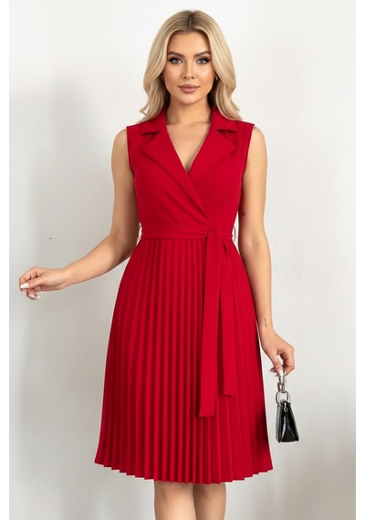 Defymoda Kadın Plise Detaylı Kuşaklı Modern Elbise Kırmızı