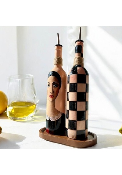 Kadın Tasarımlı 750 Ml Zeytinyağı Sıvıyağ Şişesi Yağdanlık Yağlık Sirkelik Sosluk 2'li Set Çok Renkli