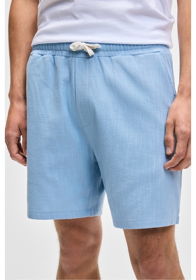 Grimelange LEYTON Erkek Relaxed Fit Çift Cepli Beli Lastikli Keten Karışımlı Dokuma Mavi Şort & Bermuda