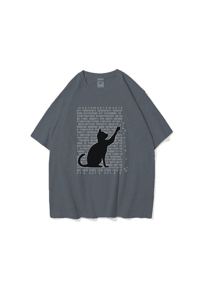 Flood Of Style Unisex Füme 01 Kedi Baskılı Oversize Bisiklet Yaka Tshirt Gri