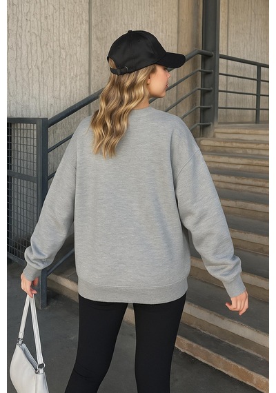 Fashion Friends 25k0244k1 Kadın Nakışlı Oversize Sweatshirt Gri Melanj