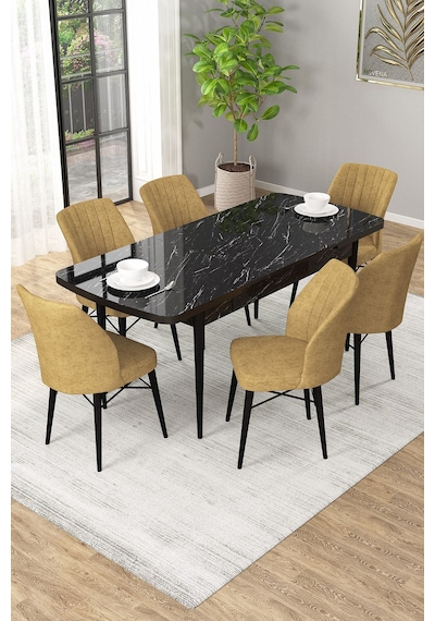 Arel Siyah Mermer 80x132 Açılabilir Mdf Masa Yemek Odası Takımı, Mutfak Takımı 6 Adet Sandalye Siyah Mermer - 6 Cappuccino - Siyah Ayak Arel Siyah Mermer 80x132 Açılabilir Mdf Masa Yemek Odası Takımı, Mutfak Takımı 6 Adet Sandalye Siyah Mermer - 6 Cappuccino - Siyah Ayak