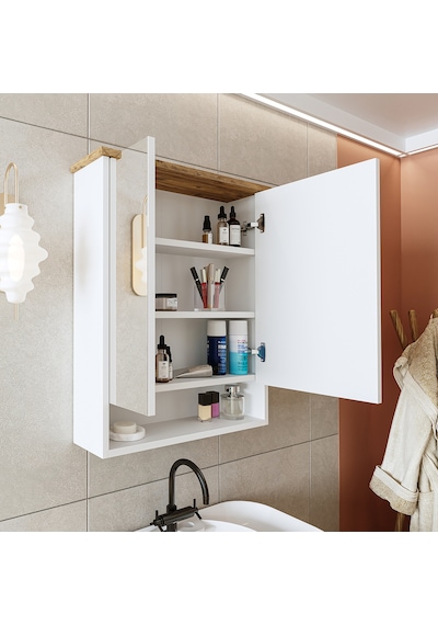 Banos Banyo Kulpsuz 2 Kapaklı Beyaz Mdf 62Cm Aynalı Banyo Üst Dlp Atlantik Çam - Beyaz