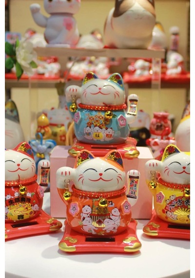 Seramik Maneki Neko Turuncu Güneş Enerjili Şans Kedisi 12cm No.4