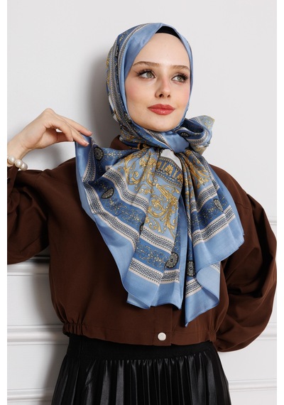 Sevitli Versace Desenli Hint İpeği Şal-bebe Mavi-4534