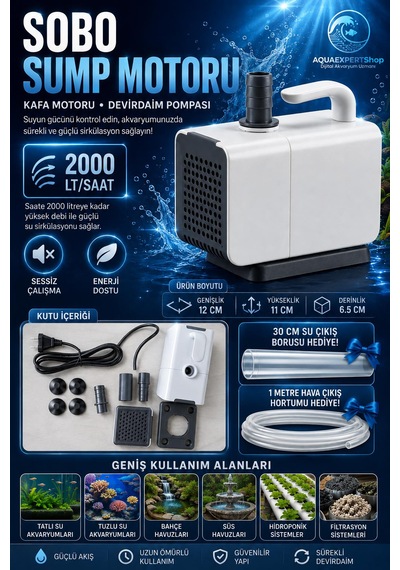 Sobo Sump Motoru - Kafa Motoru - Devirdaim Pompası - 2000 Lt/saat - 30 Cm Su Çıkış Borusu - 1 Metre Hava Hortumu Hediye