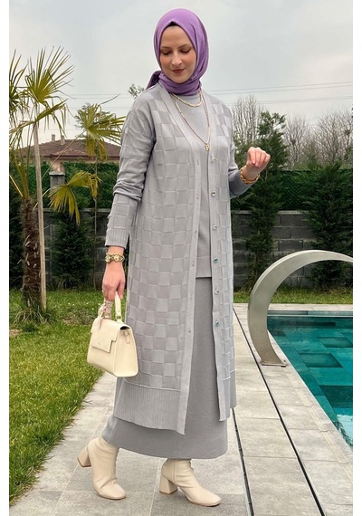 Rabia Şamlı Dama Desenli Gri Triko Hırka Normal